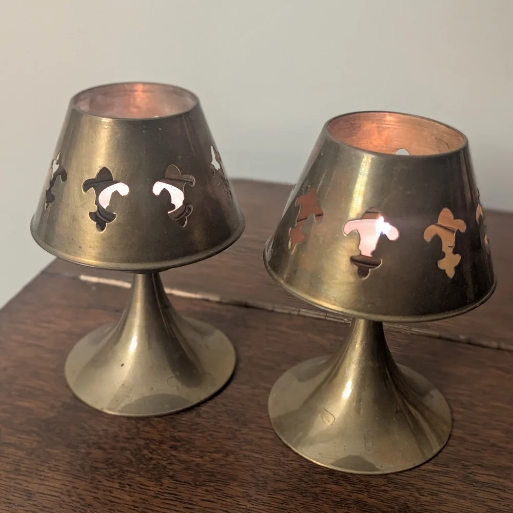 Brass Fleur-de-Lis Tea Light Lanterns - Made in India Patina